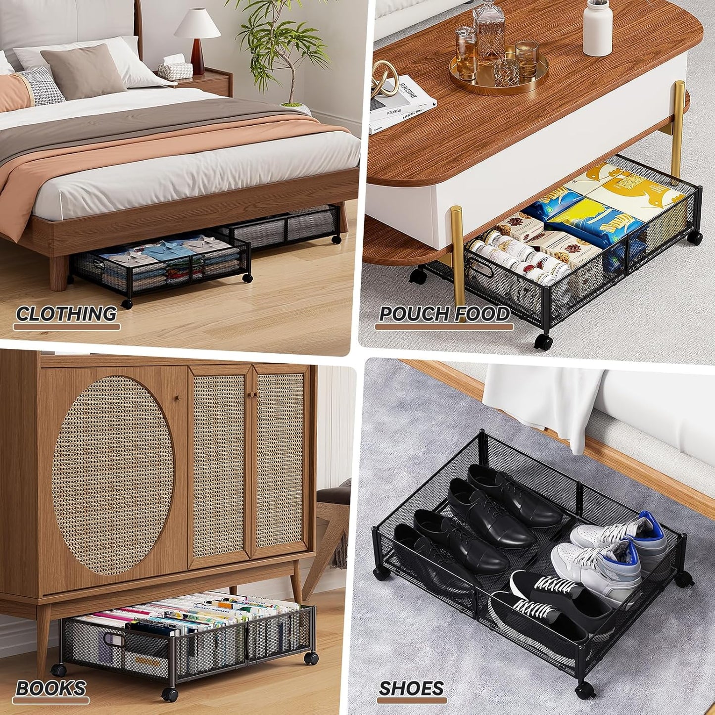 PHINOX Under Bed Storage with wheels, Under the Bed Storage Containers,Upgrade Crossed Iron Wire, Metal Rolling Underbed Storage Containers for Bedroom Clothes Shoes Blankets-2 Pack,Black