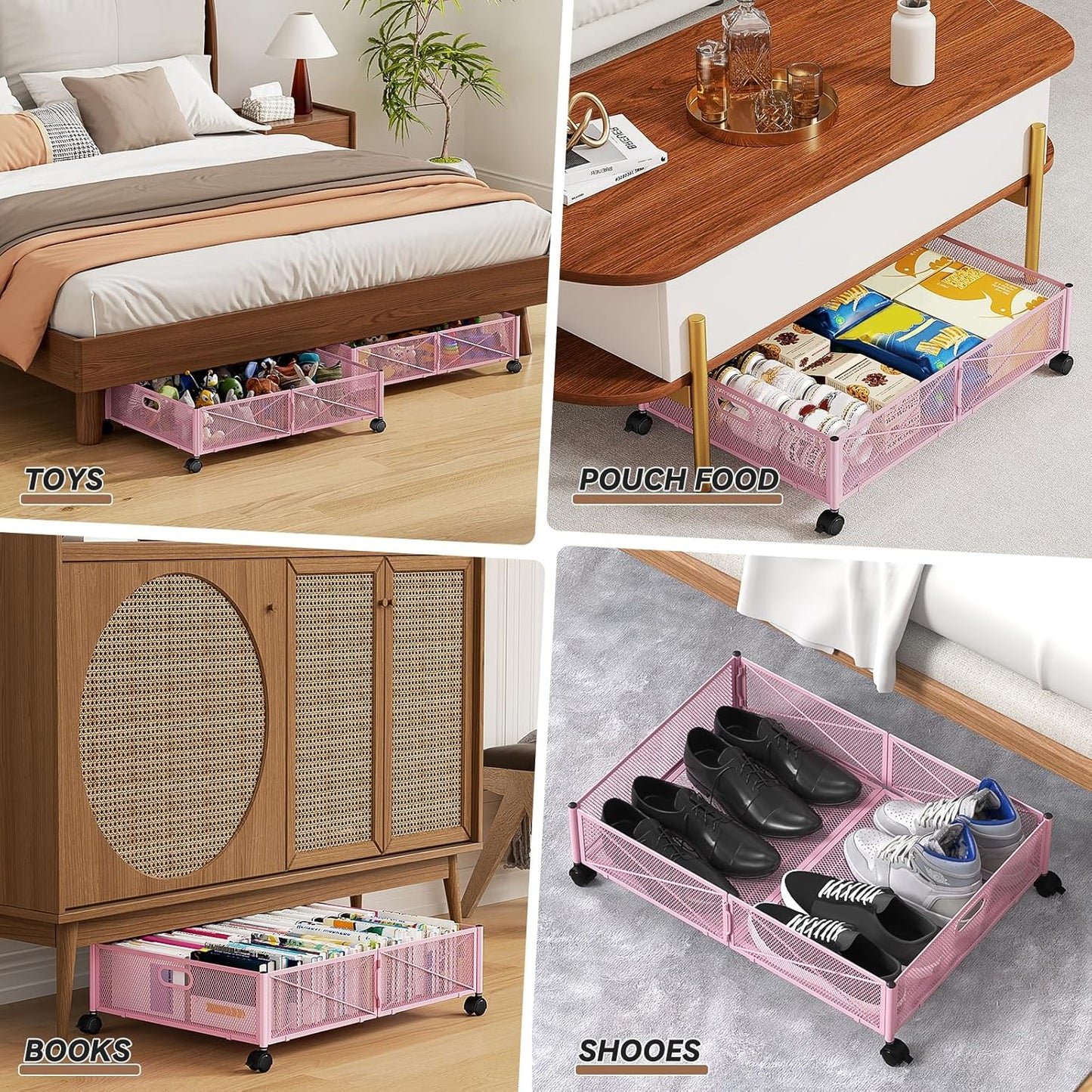 Under the Bed Storage Containers with Wheels, Under Bed Storage, Under Bed Shoe Storage Organizer Drawer, Tool-free Assembly Metal Underbed Storage Containers -Pink