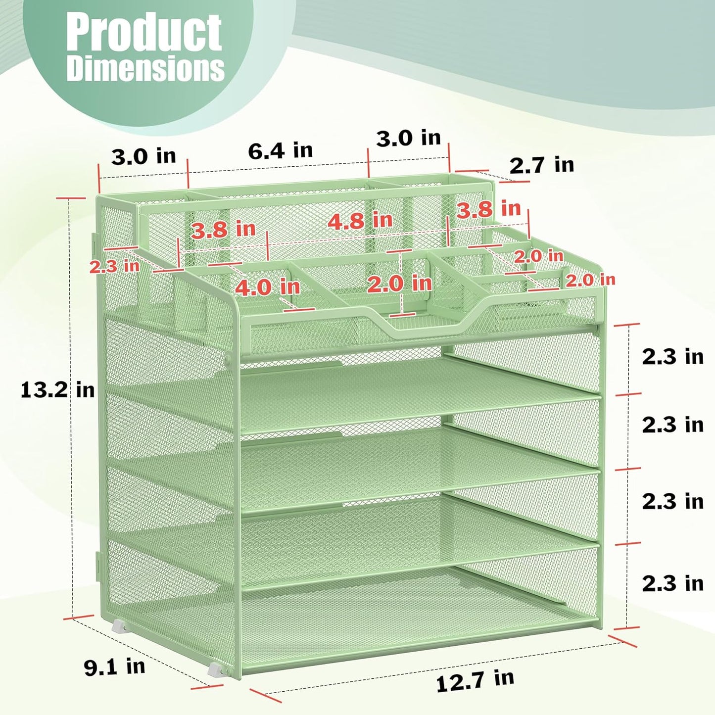 Docnest 5 Tier Mesh Desk Organizer for Paper Office Supplies – Multi-Functional Letter Tray with 5 Adjustable Compartments, 3 Pen Holders, Desktop Storage for Files, Mail, Stationery – Green