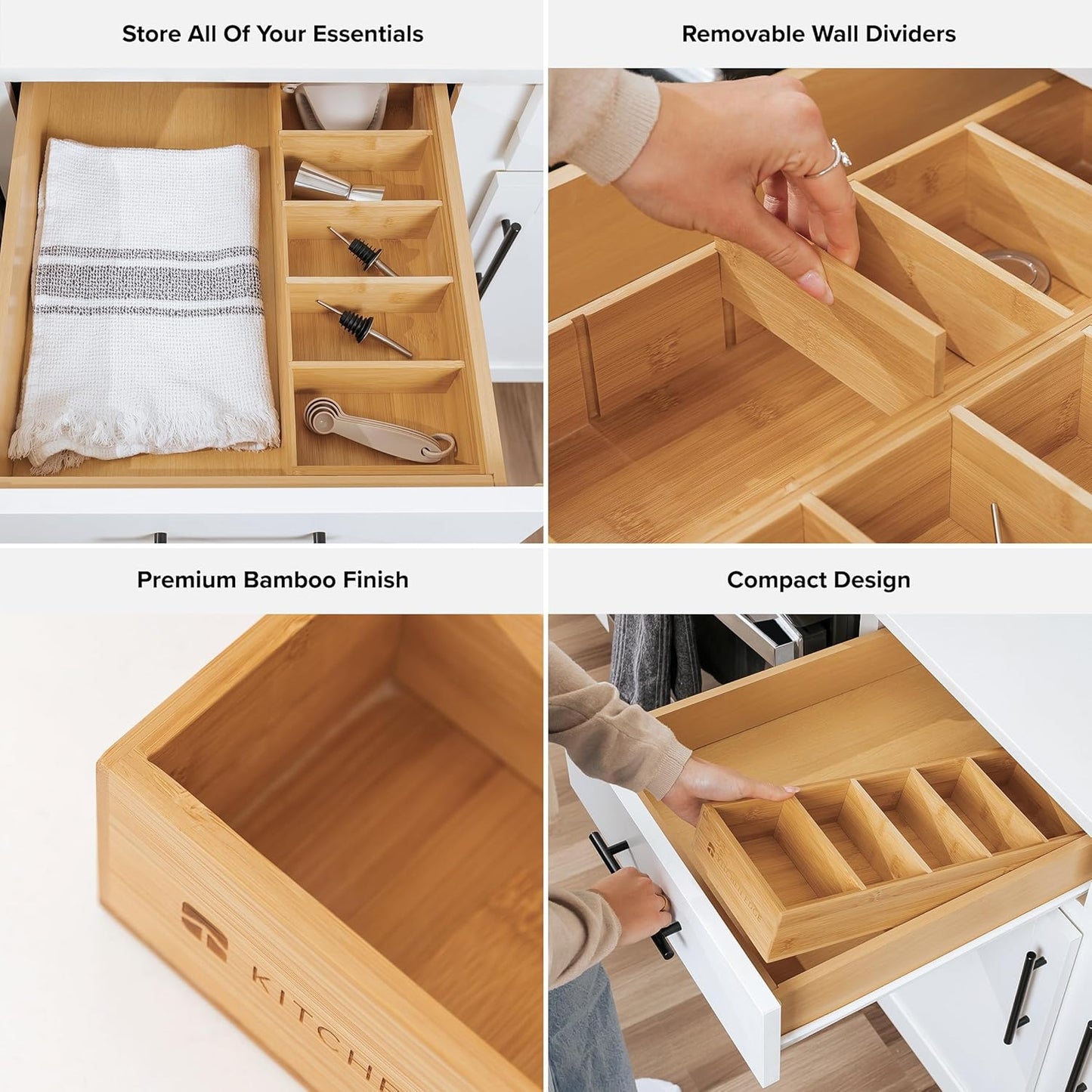 KitchenEdge Premium Kitchen Utensils and Junk Drawer Organizer – Small 5-Compartment Design with 4 Removable Dividers, Non-Slip Feet, 100% Sustainable Bamboo