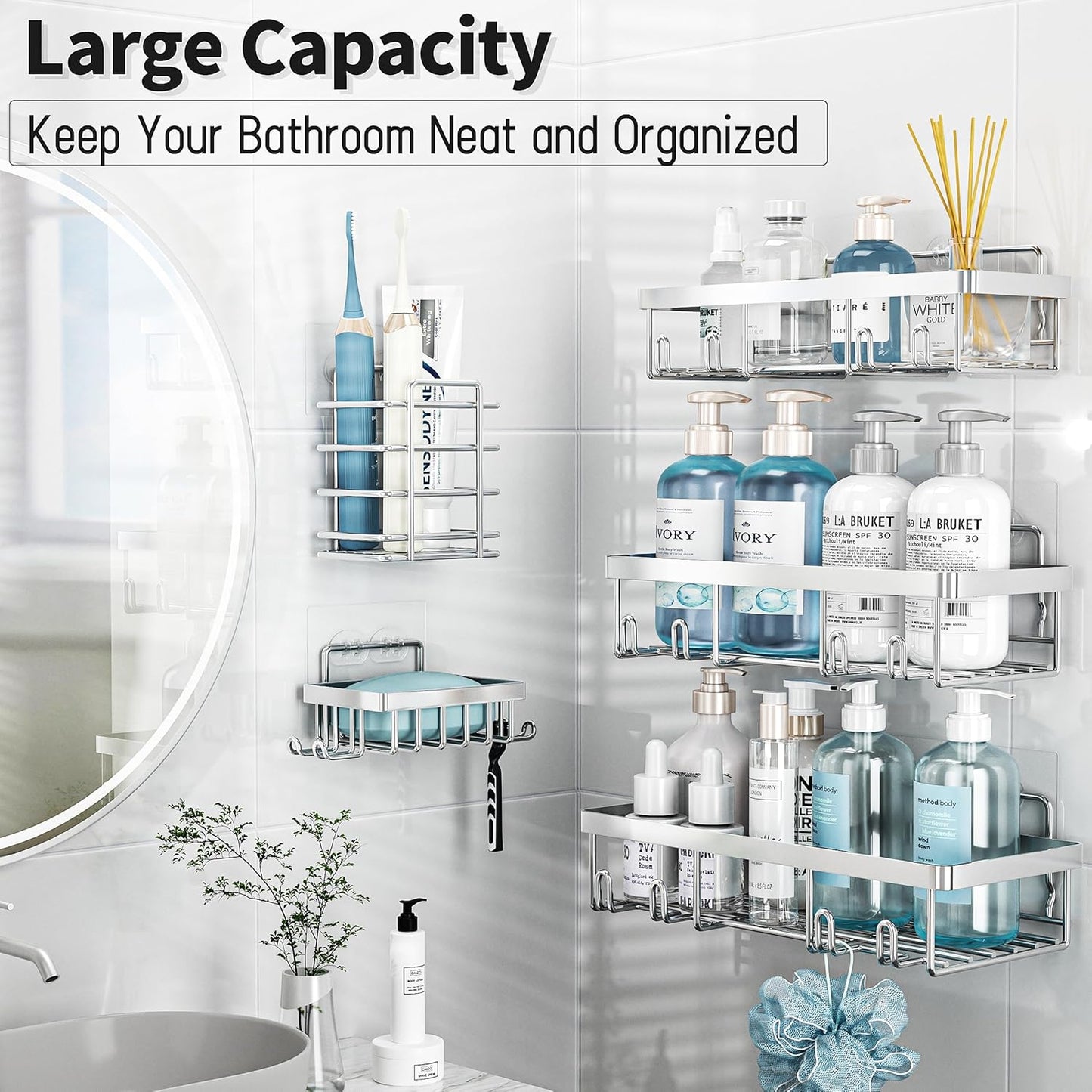 10 Pack Shower Caddy Organizer Rack Shelf for Inside Shower, Self Adhesive Wall Storage Basket Rustproof Stainless Steel Shampoo Holder Bathroom Accessory Decor Set, Silver