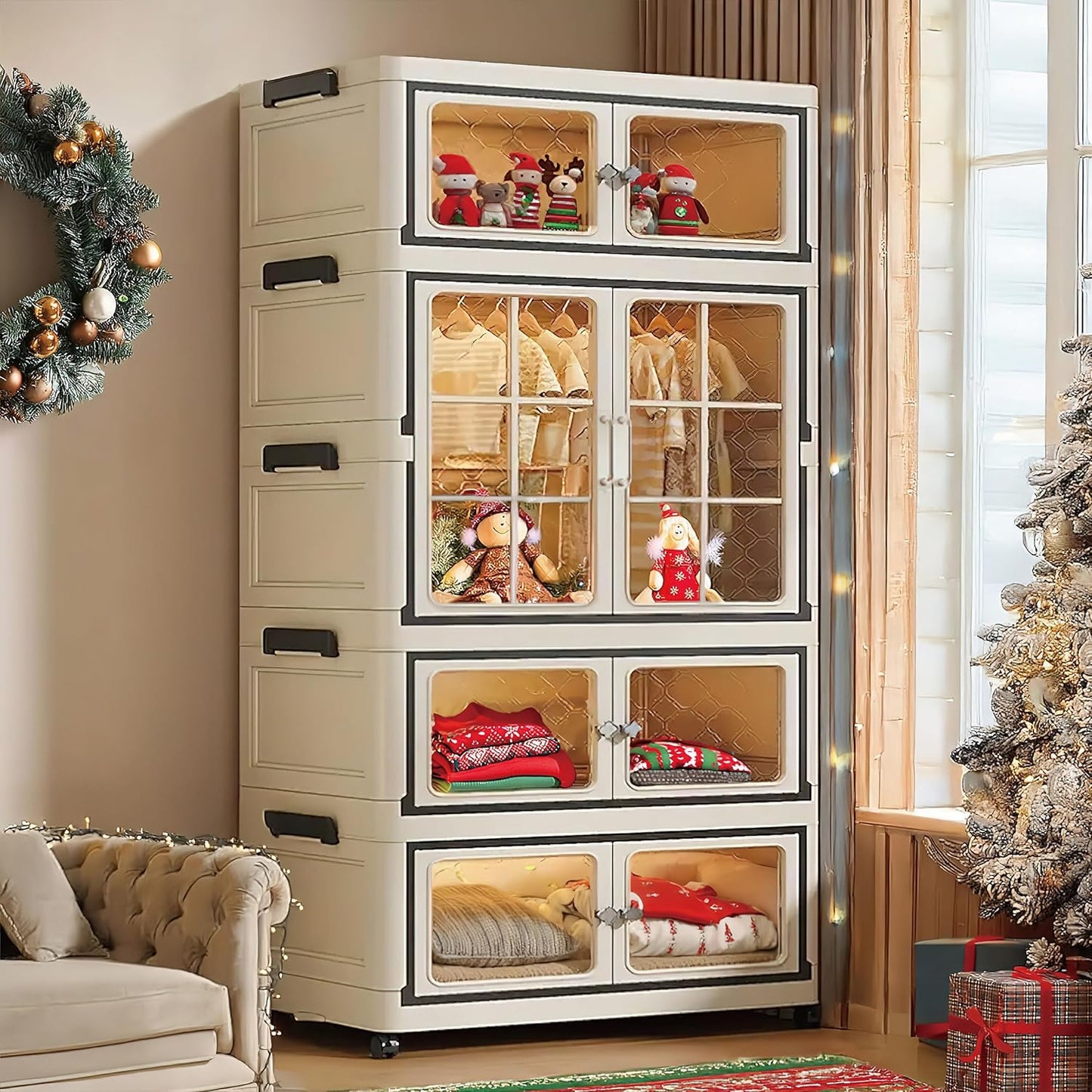 SunSettler Collapsible Storage Bins with Lids, Folding Storage Cabinets with Doors, Stackable Organizers Cabinets, Closet Organizers and Storage for Home, Dorm (3+1 Transparent Plus)