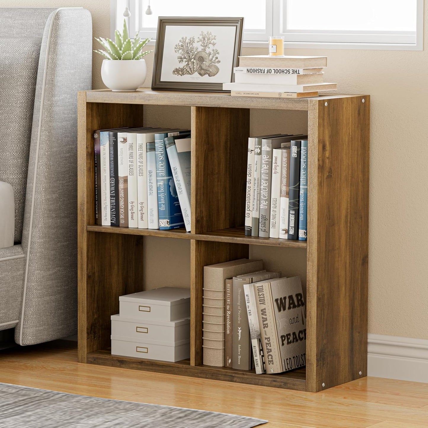 Cube Storage Organizer Bookcase, Decorative 11 inch Open Back Cubical Shelf with Thickened Border, Display Bookshelf for Living Room, Home Office, Sturdy Room (Brown, 4 Cube)