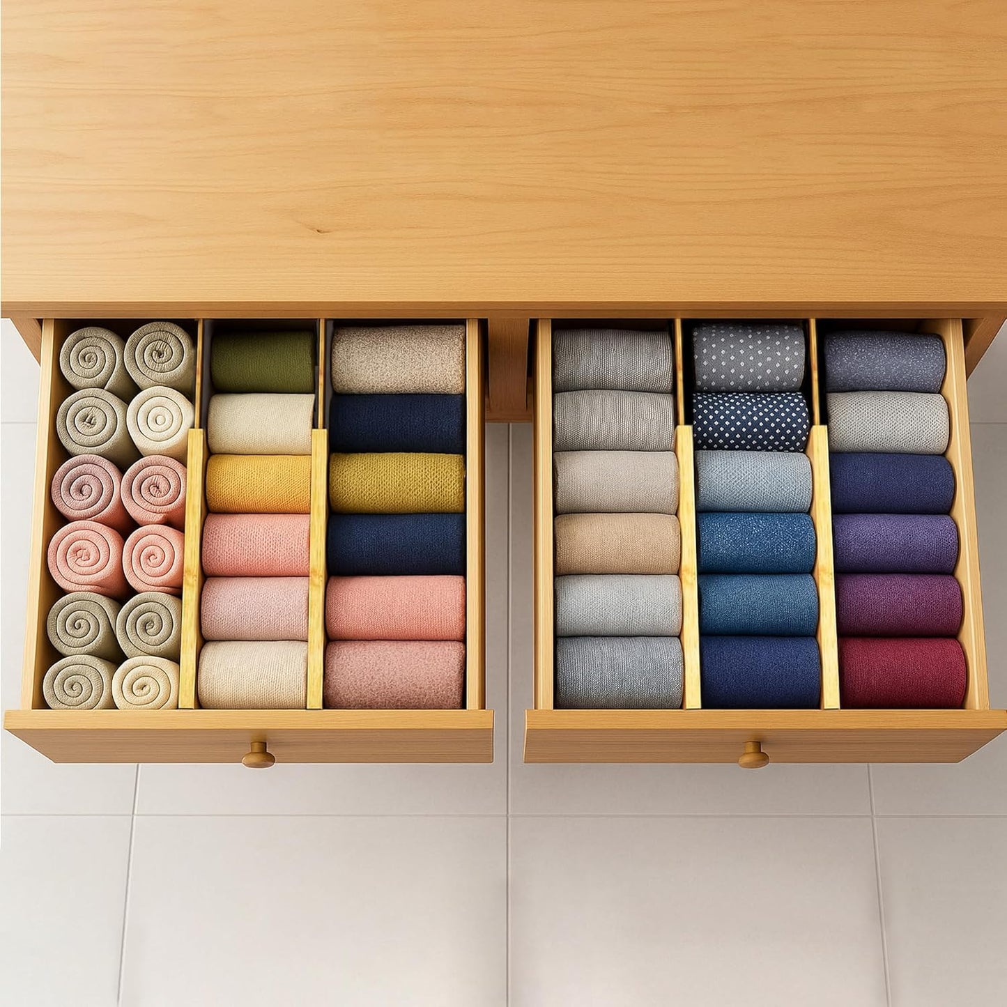 Adjustable Bamboo Drawer Dividers 6 Pack, Expandable Drawer Organizer for Kitchen, Bedroom, Bathroom and Dresser, Each Divider Expands from 12" to 17.5" Height 4.5 – Free Mat Included in Package.