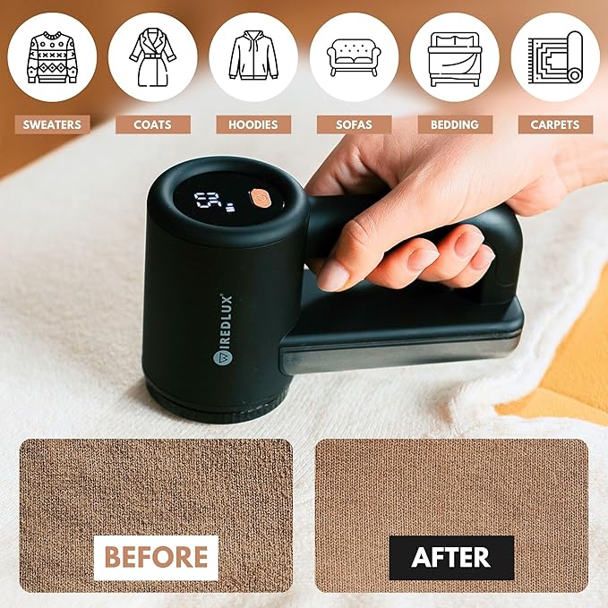 Rechargeable Fabric Shaver - Electric Lint Remover for Clothes & Couch - Adjustable 3-Speed, 6-Leaf Blade, LED Display, USB Charging - Depiller with Dual Protection (Midnight Black)