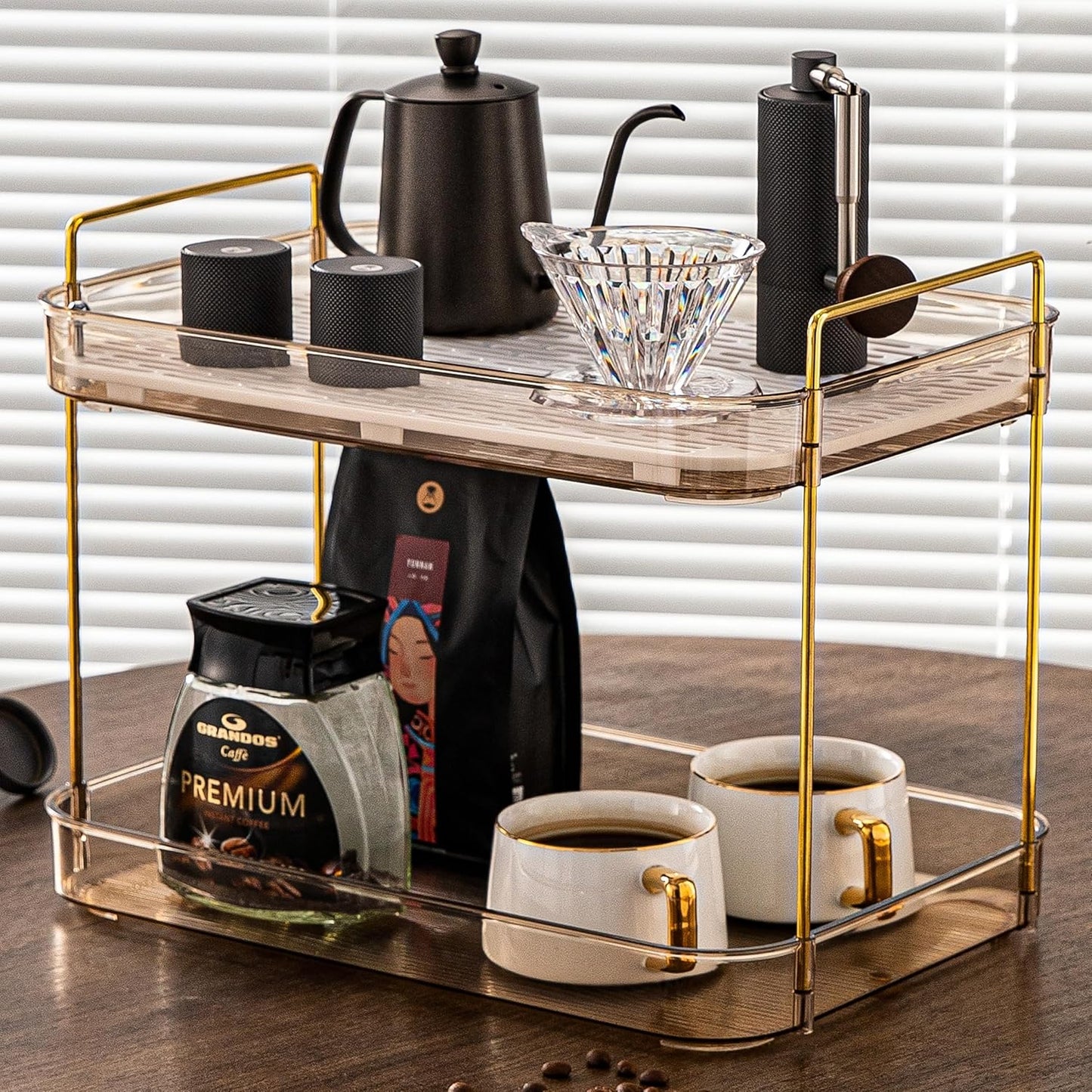 Coffee Bar Accessories, Station Organizers,Large Capacity Storage with Drain Board,Whisky Tray,Mug Tea Cup Holder Coffee Bar Organizer,Amber Gold
