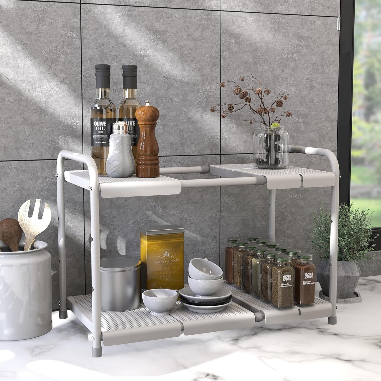 Simple Houseware Under Sink 2 Tier Expandable Heavy Duty Metal Shelf Organizer Rack, White (Expand from 15 to 25 inches)