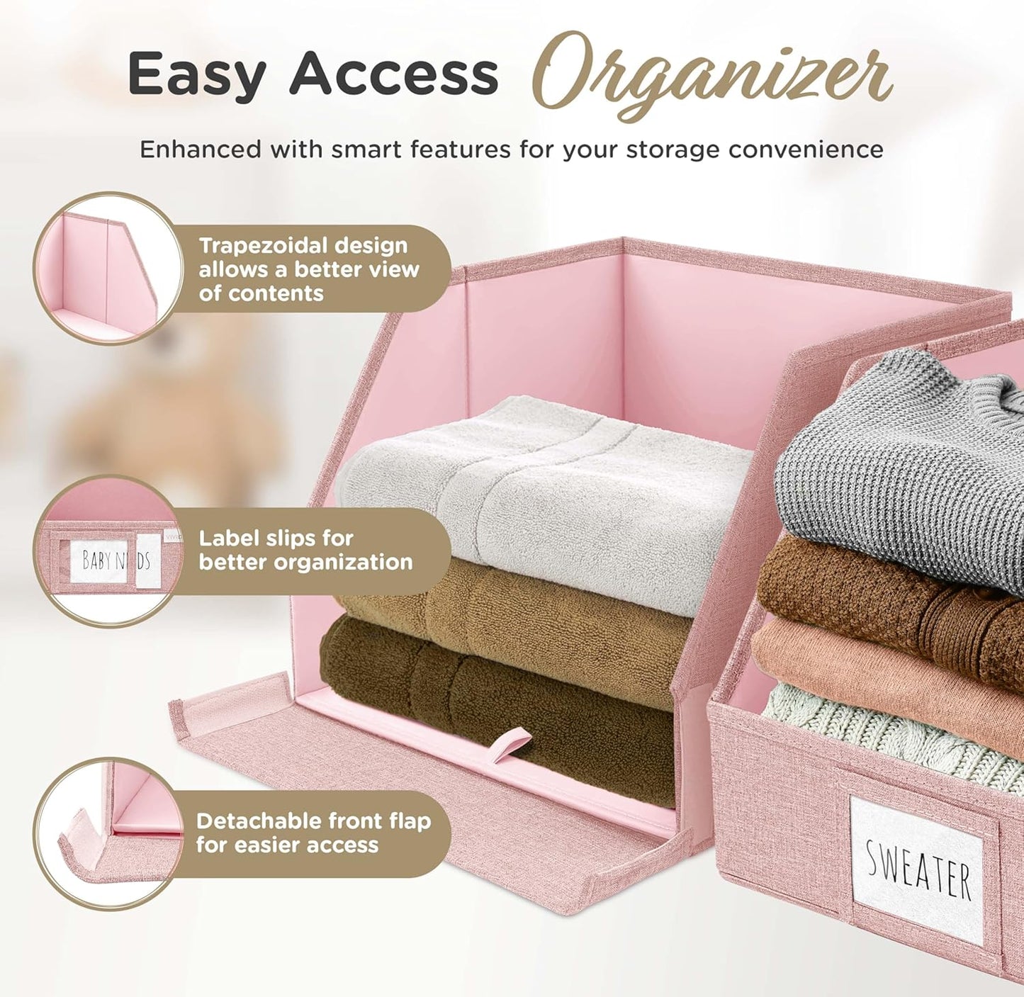 Closet Bins for Organization – 12x12x10 Foldable Boxes for Clothes, Fabric Trapezoid Storage Bins, Storage Baskets, Decorative Storage Baskets, Sweaters, Baby Clothes, Nursery– Pink, 3 Pack