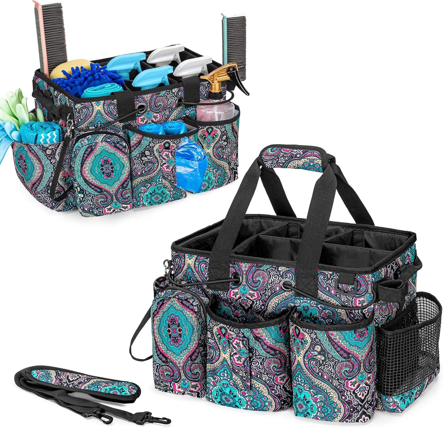LoDrid Large Professional Cleaning Caddy with Detachable Divider, Supply Organizer with Handle and Shoulder Strap, Cleaning Bags for Housekeepers & Cleaners, Totem