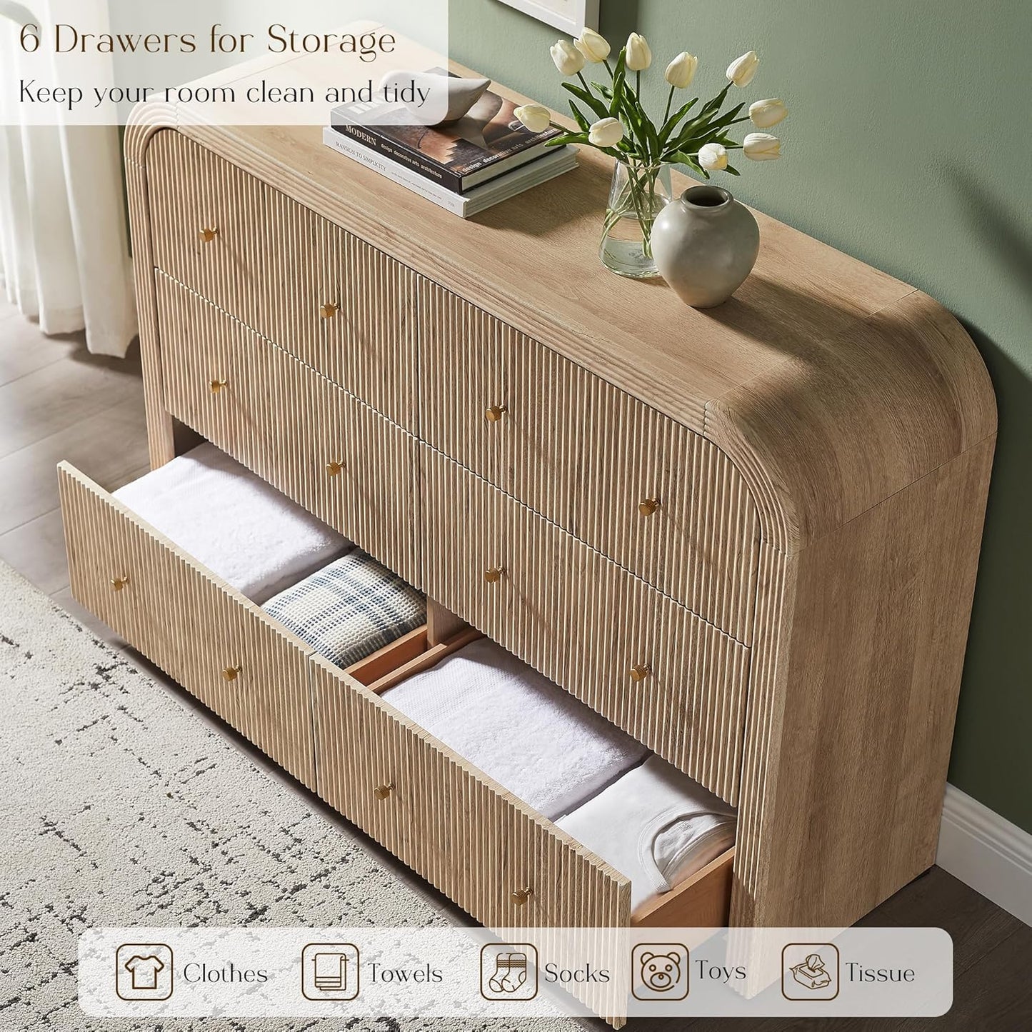 T4TREAM Fluted 6 Drawers Dresser for Bedroom, 54" Wide Modern Chest of Drawers with Thickened Curved Profile Design, Wood Dressers TV Stand for Bedroom, Living Room, Hallway, Natural Oak
