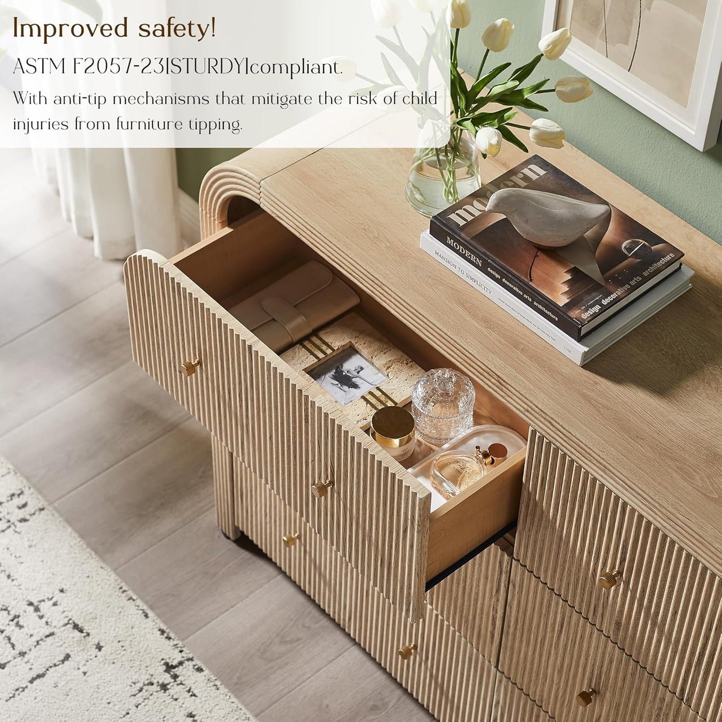 T4TREAM Fluted 6 Drawers Dresser for Bedroom, 54" Wide Modern Chest of Drawers with Thickened Curved Profile Design, Wood Dressers TV Stand for Bedroom, Living Room, Hallway, Natural Oak