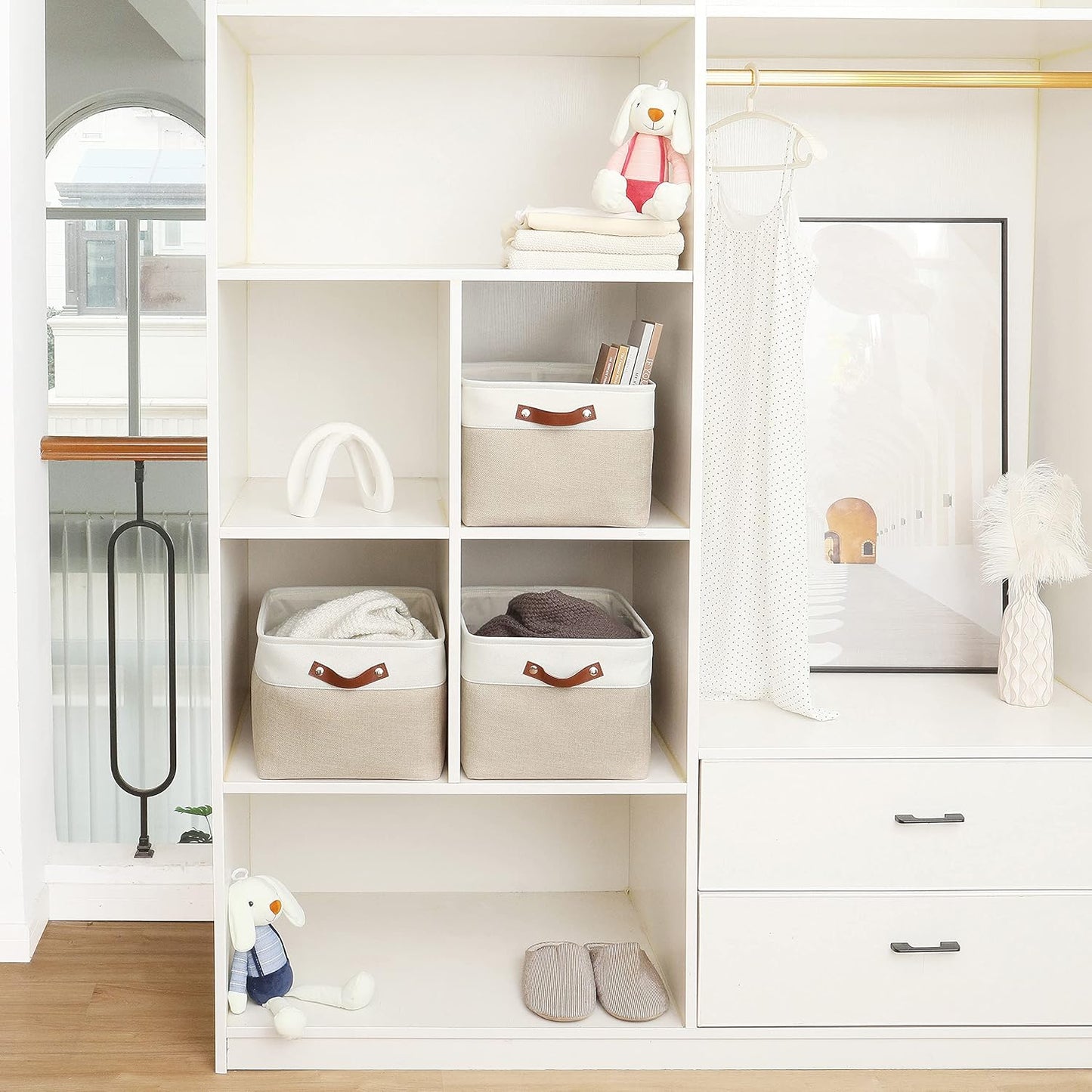 OrganiHaus Extra Large Fabric Storage Baskets for Shelves 3 Pack, 16x13in Closet Storage Bins for Shelves, Canvas Baskets for Organizing, Linen Closet Organizers, Cloth Basket, Beige/Off-White