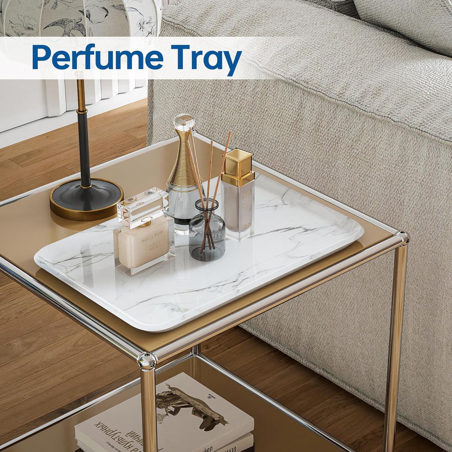 Vanity Decorative Glass Tray,12" x 8" White Marble Pattern Perfume Tray, Bathroom Tray Countertop Organizer for Soap Towel, Jewelry, Candle