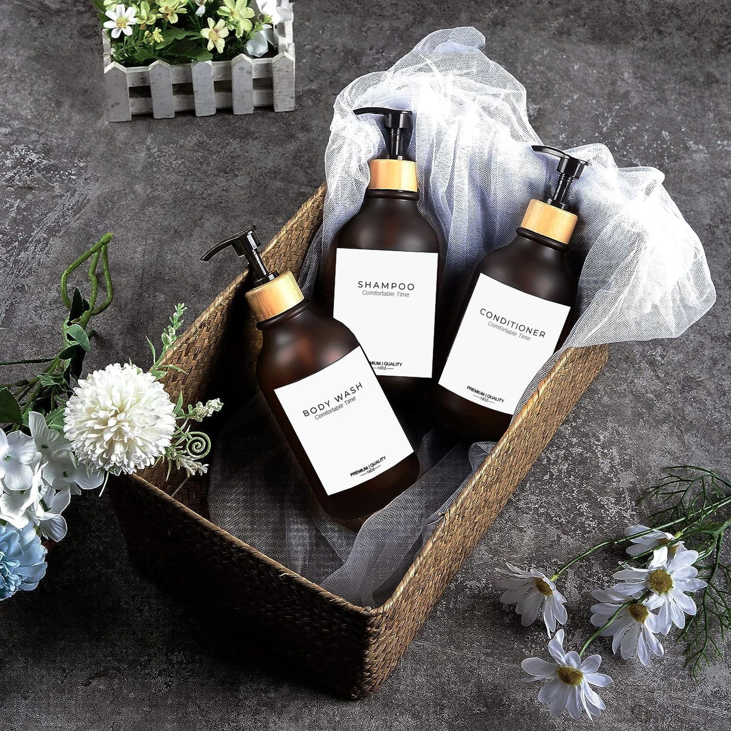 Frosted Heavy Duty Shampoo and Conditioner Bottles, Apothecary Dispenser Bamboo Pump, Refillable Shampoo Bottles for Shampoo Lotion Oil Shower Soap Hand Soap and Dish Soap (Matte Amber)