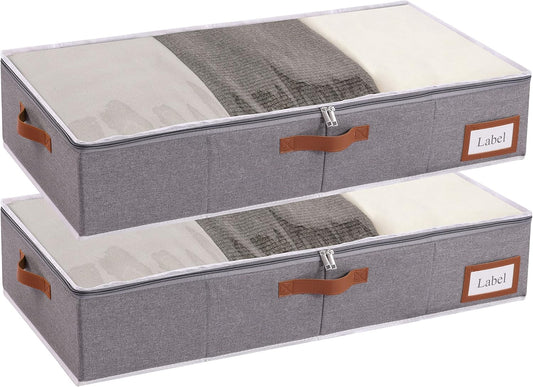 Yawinhe Under Bed Storage Containers, 2 Pack, Bin with Lids, Collapsible Closet Organizers, with Sorting Card Slot and 4 Leather Handles, for Blanket, Bedding, 31.5''Lx15.7''Wx6''H, Grey