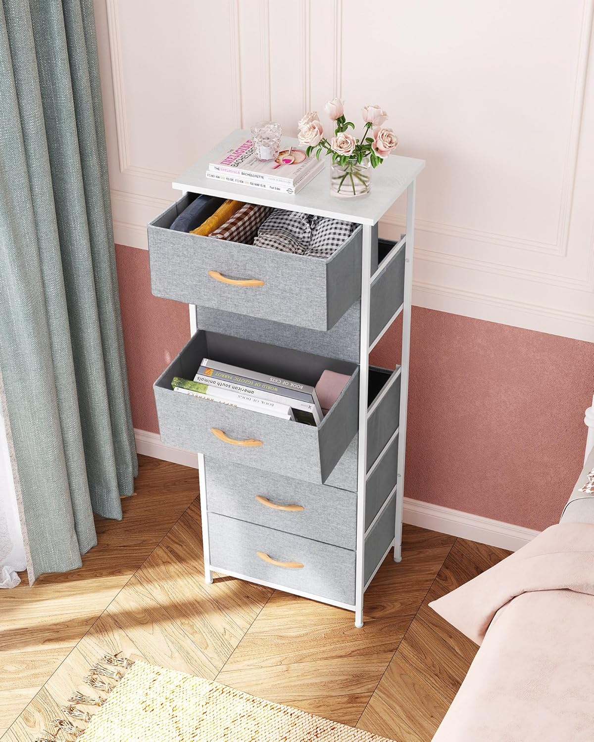 Crestlive Products Tall Dresser Storage Tower - Sturdy Steel Frame, Wood Top, Easy Pull Fabric Bins, Handles - Vertical Organizer Unit for Bedroom, Hallway, Entryway, Closets - 6 Drawers (Light Gray)
