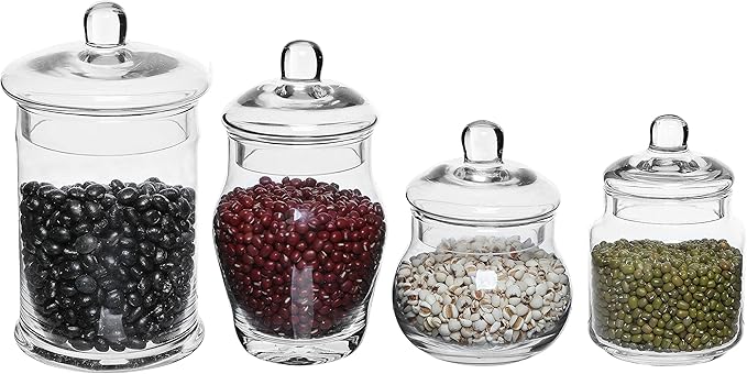 MyGift Small Decorative Glass Apothecary Candy Jars, Small Storage Canisters with Lids, Set of 4