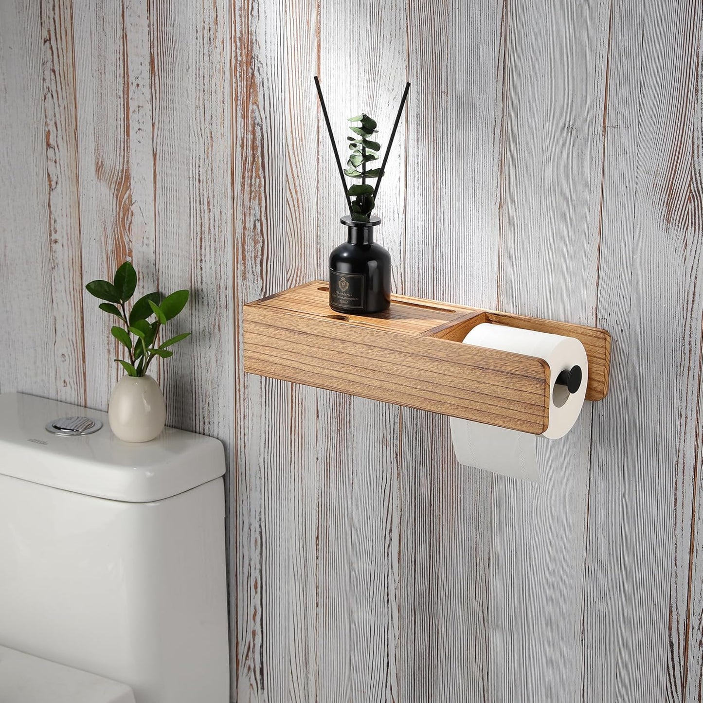 Toilet Paper Holder - Holder Phone & Wipes Holder, Adhesive Toilet Roll Holder Wooden Rustic, Hidden Storage Drawer for Wipes Tampon, Farmhouse Bathroom Decor