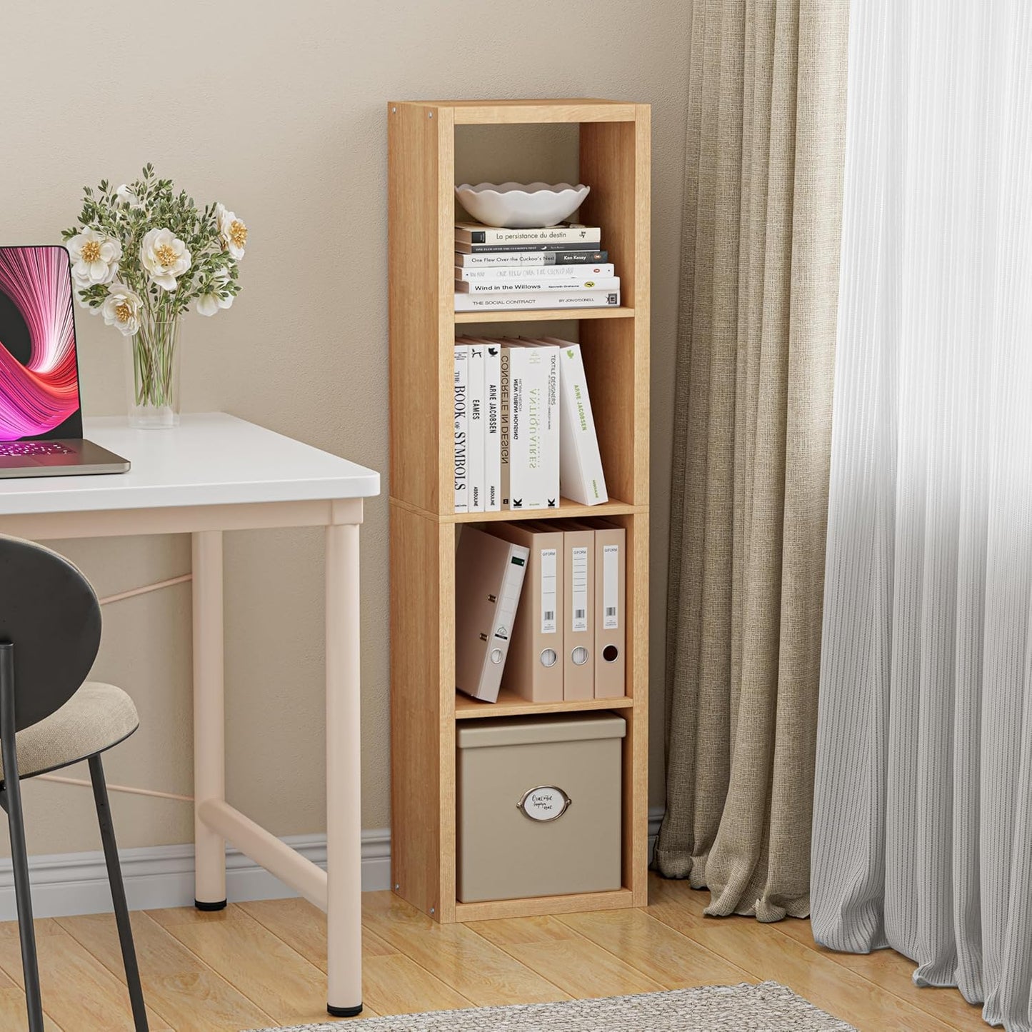 Cube Storage Organizer Bookcase, Small 4 Tier 11 inch Open Back Cubical Shelf with Thickened Border, Display Bookshelf for Living Room, Home Office, Sturdy Room (Natural Oak, 4 Cube,Vertical)