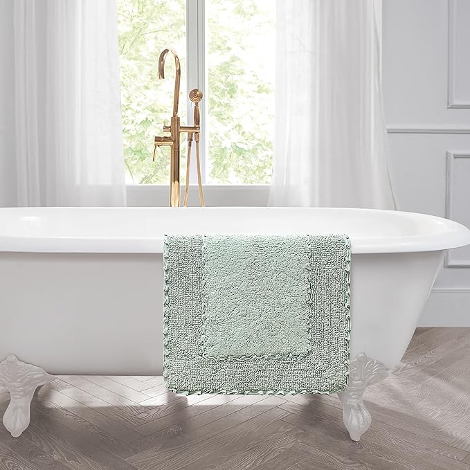 Laura Ashley Ruffle Border 100% Cotton Bath Rug Set, Sage Green, 17" x 24"/ 20" x 32"