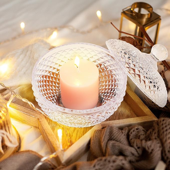 Joeyan 12 oz Small Clear Glass Jars with Lid,Embossed Glass Candy Dishes,Diamond Faceted Food Container,Decorative Jewelry Box Apothecary Canisters,Kitchen Bathroom Buffet Storage Organizer