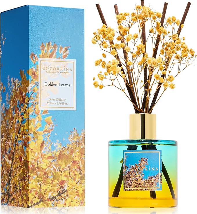COCORRÍNA Reed Diffuser - Golden Leaves Reed Diffuser Set with 8 Sticks & Preserved Baby's Breath, Reed Diffuser for Home Bathroom Shelf Decor