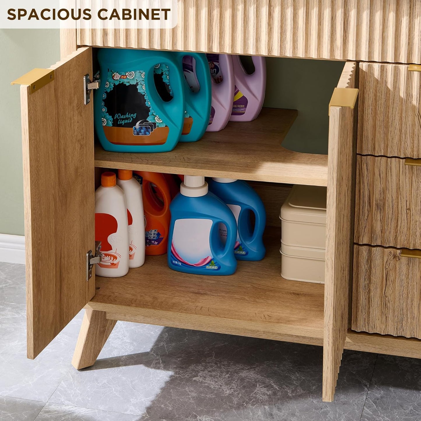 T4TREAM 36" Fluted Bathroom Vanity with Ceramic Sink Combo，Freestanding Modern Bathroom Storage Vanity Cabinet with 2 Soft Closing Doors & 3 Drawers，Wood Grain Texture，Metal Handle，Natural Oak