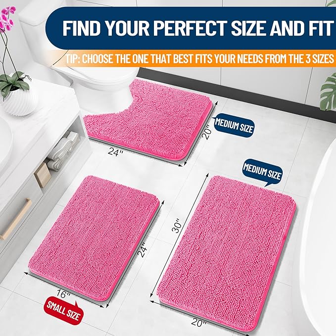 OLANLY Toilet Rugs U-Shaped 24x20, Extra Soft Absorbent Chenille Contour Bathroom Rugs for Toilet, Dry Quickly, Machine Washable, Non-Slip Bath Mat, Hot Pink