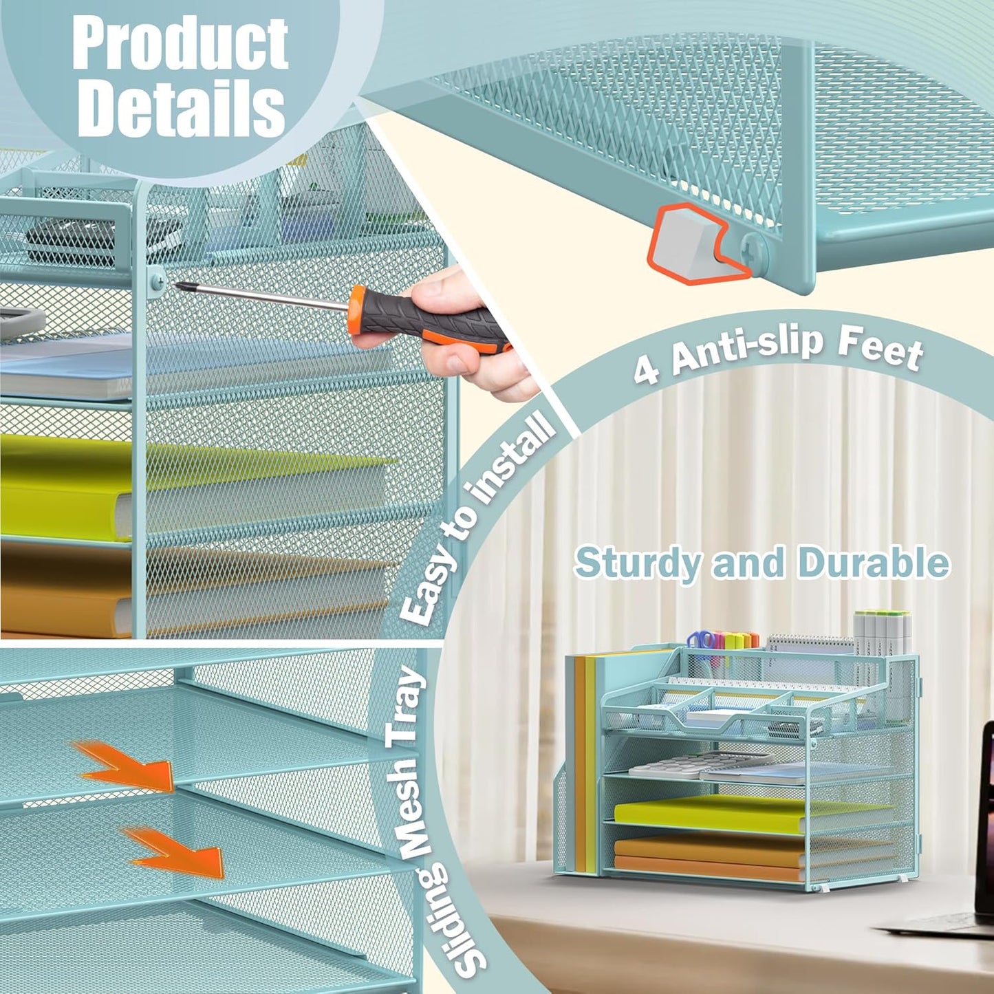 Docnest 4 Tier Mesh Desk Organizer with File Holder – Multi-Functional Paper Letter Tray with 5 Adjustable Compartments, 3 Pen Holders, Desktop Storage for Files, Mail, Stationery – Blue