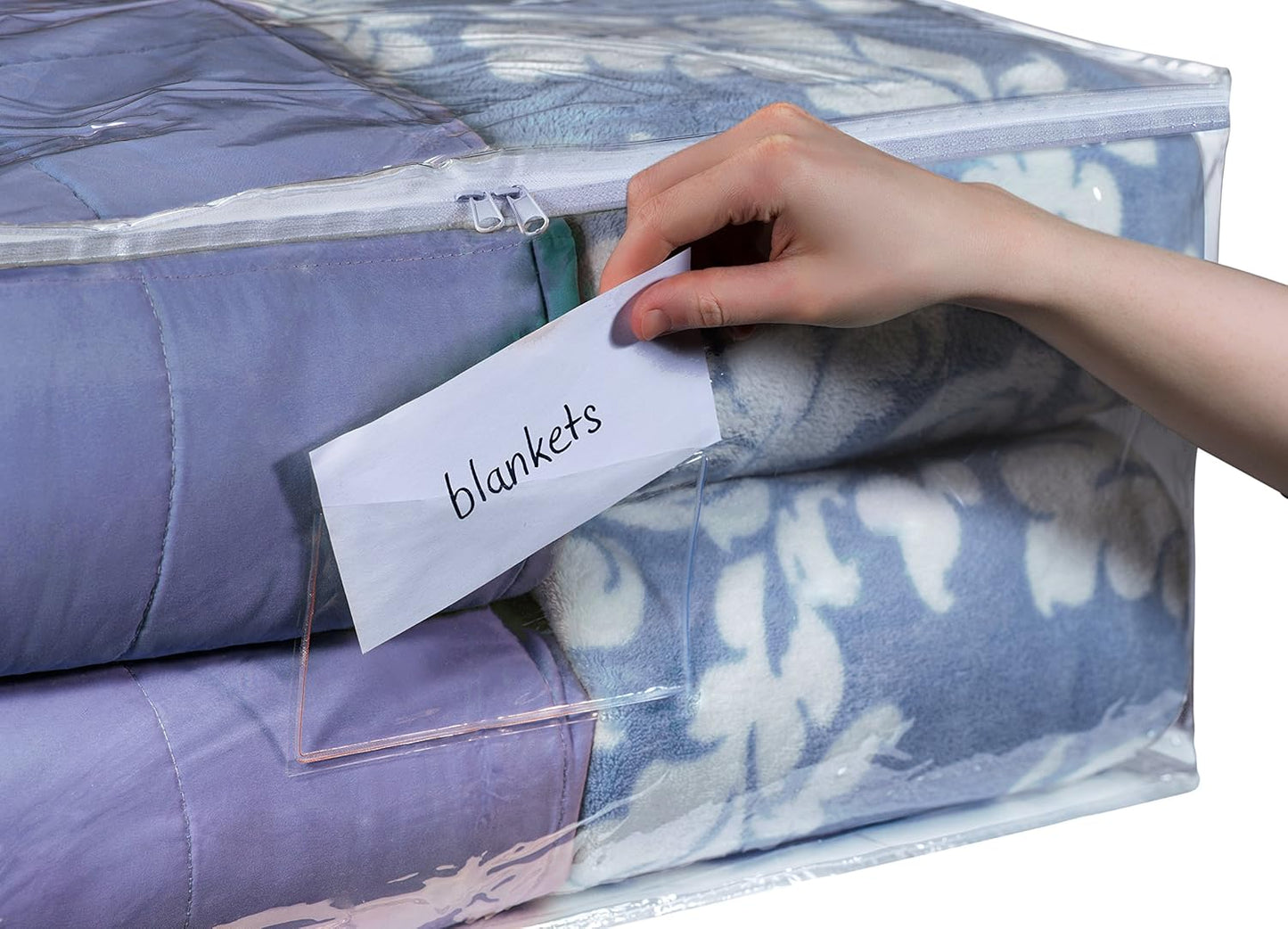 Masirs Clear Blanket Storage Bag (2-Pack) - Vinyl Clothing Organizers with Zipper & Label Pocket - Protects from Dust, Moisture & Dirt - Ideal for Underbed Storage Sheets, Comforters & Bedding