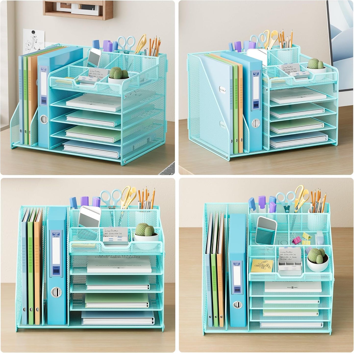 Lavatino 5-Tier Desk Organizer with 2 File Holders, Metal Adjustable Paper Letter Tray for Office or Home Desk Organizers and Accessories | 7 Flexible Dividers Keep Workspace Supplies Neat, Blue