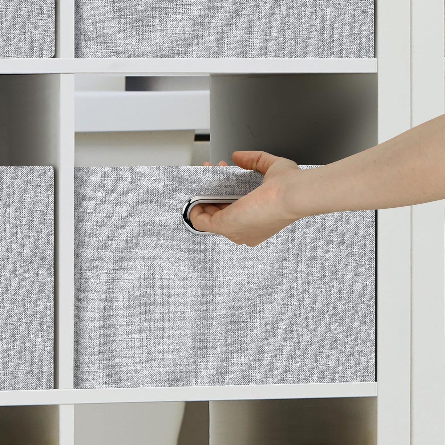 Posprica Closet Organizers and Storage, 4 Pack Large Linen Storage Bins, Decorative Shelf Storage Baskets for Organizing, Foldable Fabric Storage Box for Clothes, Toy, 15x10.5x8.25 Inch(Grey)