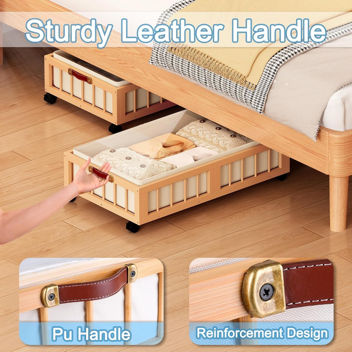 efluky 2-Pack Bamboo Under Bed Storage Containers with Wheels, Under Bed Clothes Storage Basket with Large Dust Bag, Rolling UnderBed Storage for Bedroom, Dorm and Basement, Nature