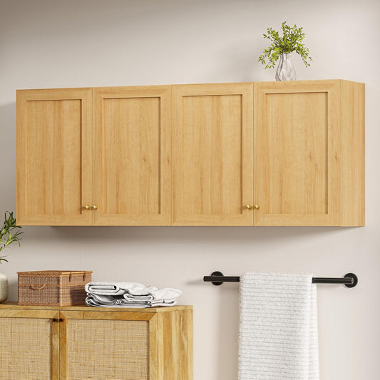 Bathroom Wall Cabinets Set of 2 Wall Mounted Storage Cabinet with Adjustable Shelves Floating Cupboard Kitchen Organizers Pantry Cabinet for Living Room, Laundry Room, Natural Oak