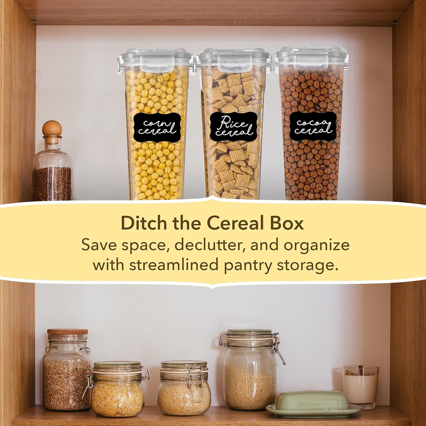 Simply Gourmet Airtight Cereal Containers with Lids – 3 Piece Tall Kitchen Pantry Organization Set, BPA-Free Clear Plastic, Pour Spout Lids for Breakfast Cereal, Rice, Flour, Sugar, Snacks