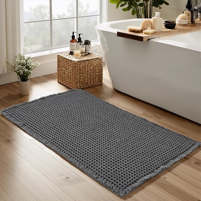 KGORGE Waffle Bathroom Rug for Shower, Ultra Soft Super Absorbent Washable Carpet Bath Mat, Quick Dry Rubber Backed Bathroom Runner Decor for Floor Toilet Bedroom, Grey, 24" W X 47" L 1pc