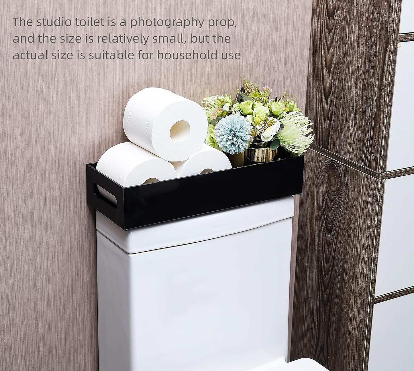 IEEK Toilet Paper Holder with Storage Acrylic Basket, Modern Tank Tray with Non-Slip Mat, Black Decor for Bathroom, Vanity, Bedroom, Entryway, Living Room