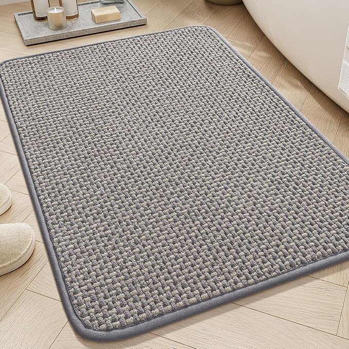 AMOAMI Chenille Bath Mat Super Absorbent Bathroom Mat Quick Dry Bath Mats for Bathroom Rubber Backed Bathroom Rugs Non Slip Washable Fit Under Door, Front of Bathtub, Sink, LIGHTGREY&Beige 24"x36"