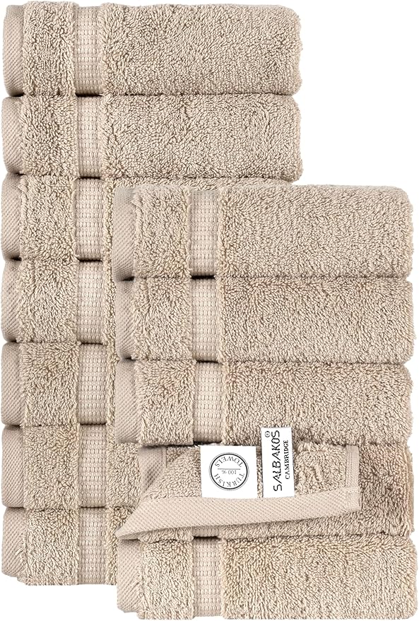 SALBAKOS 100% Turkish Cotton Washcloth Set of 12 13x13 inch | Heirloom Quality | Hotel & Spa Collection | Ultra Soft, Super Absorbent, Washcloth Towels | Made in Turkey (Taupe, 12 Washcloths)