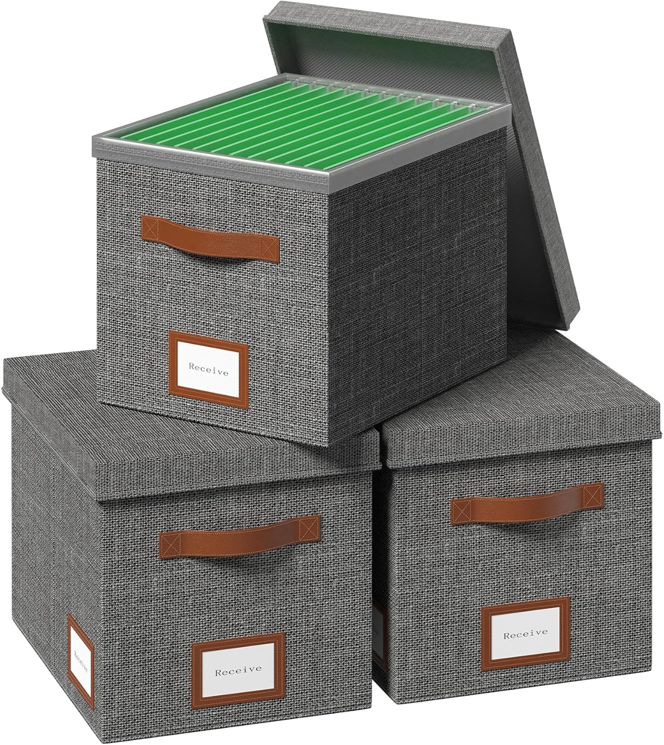 File Organizer Box with Lid File Box for Hanging Decorative File Organizer with One-Piece Integrated Plastic Slide Rail (Grey, 13.2x10.1x10.1inch(3pack))