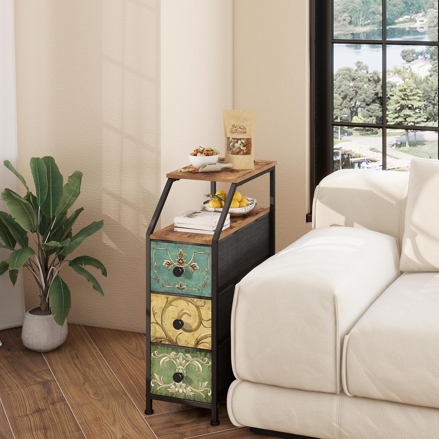 Tohomeor Narrow Dresser Tall Skinny Storage Tower Vertical Slim Chest of Drawers with Charging Station Small Nightstand Side Table for Bedroom, Bathroom, Small Spaces (Retro Flower, 3 Drawers)