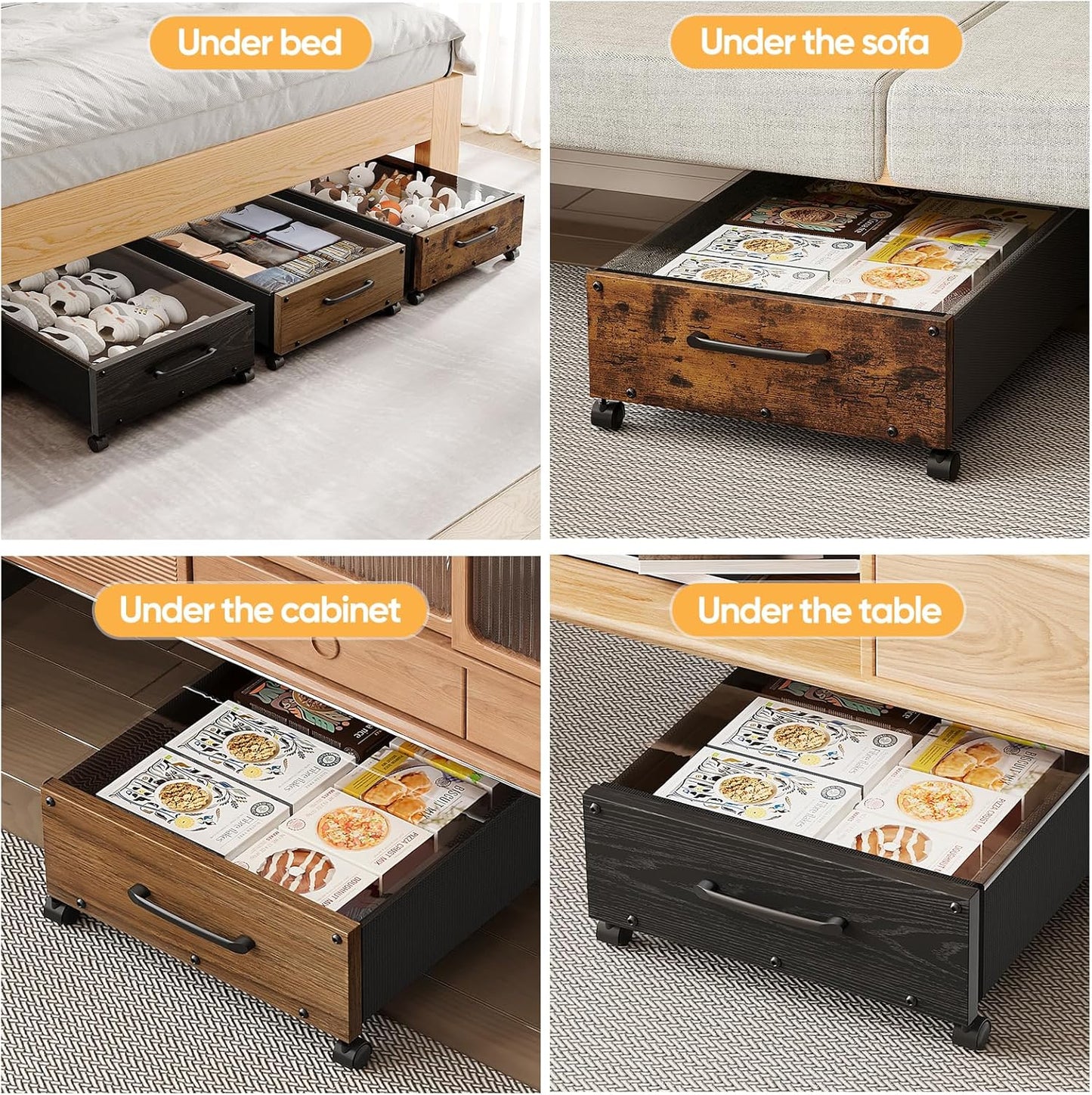 KITHELP Wooden Under Bed Storage with Wheels, Rolling Under the Bed Storage Bins with Removable Lid, Metal Under Bed Drawers for Clothes and Shoes in Bedroom or Living Room(Walnut Brown-2pack)