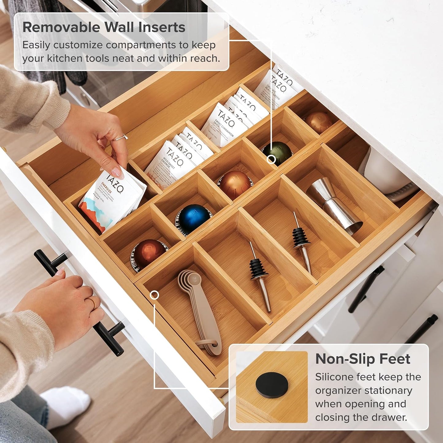 KitchenEdge Premium Utensils and Tea Bag Drawer Organizers – 14-Compartment Design with Removable Dividers, Non-Slip Feet, 100% Sustainable Bamboo, 2 Pack
