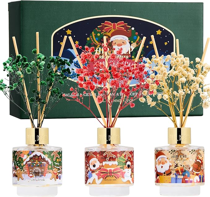 Airkeep Reed Diffuser Set of 3,Balsam & Cedar Balsam & Fir Christmas Spice Oil Reed Diffusers for Bedroom Living Room Office Aromatherapy Oil Reed Diffuser for Gift 50ml x 3