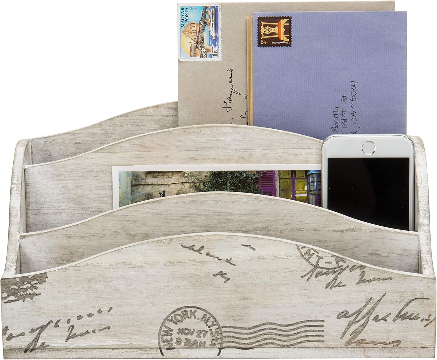 MyGift 3 Slot Vintage Postcard Design Beige Wood Home Countertop Mail Letter Holder, Wooden Office Desk Organizer, File Sorter, Bill Divider, Envelope Storage Bin