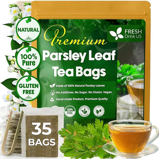 FreshDrinkUS, Premium 35 Parsley Leaf Tea Bags, 100% Natural & Pure from Parsley Leaves. Loose Leaf Parsley Herbal Tea. Made with Natural Material Tea Bags. No Sugar, No Caffeine, No Gluten, Vegan.