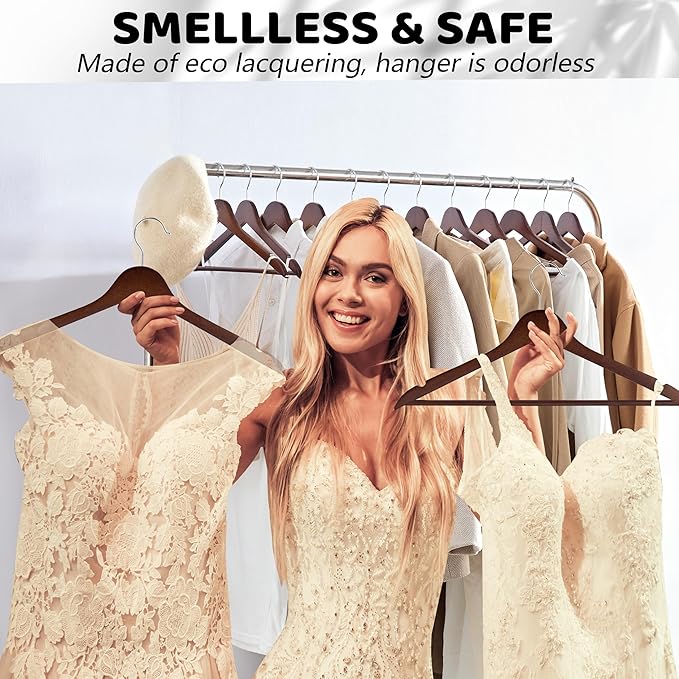 Wooden Hangers, 30 Pack Wood Hangers with 360-Degree Rotatable Hook and Pants Bar, Smooth Finish Coat Hanger Wooden for Closet, Walnut