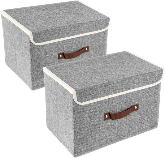 TYEERS Collapsible Storage Boxes, Washable Fabric Storage Bins with Lids, 14.9x9.8x9.8 inches, 2 Pack, Gray