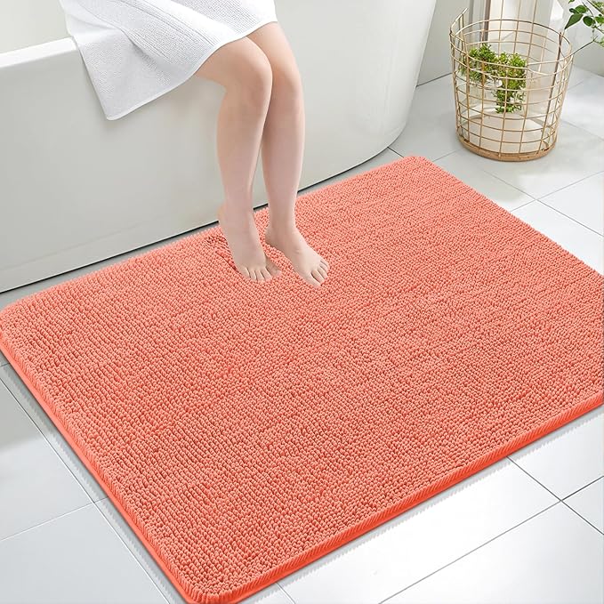 OLANLY Bathroom Rugs 40x32, Extra Soft Absorbent Chenille Bath Rugs, Rubber Backing Quick Dry, Machine Washable Bath Mats for Bathroom Floor, Tub and Shower, Home Decor Accessories, Coral