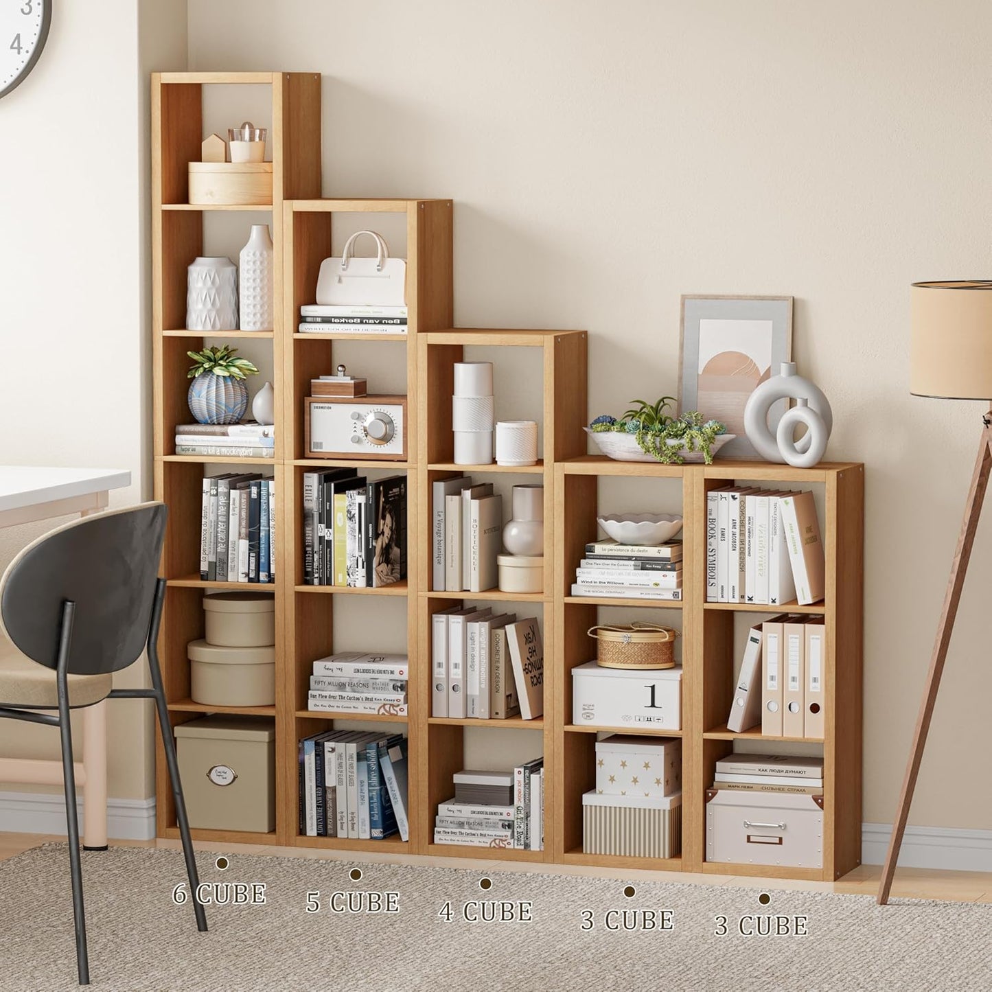 Tall Cube Storage Organizer Bookcase, 6 Tier 11 inch Open Back Cubical Shelf with Thickened Border, Display Bookshelf for Living Room, Home Office, Sturdy Room (Natural Oak, 6 Cube,Vertical)